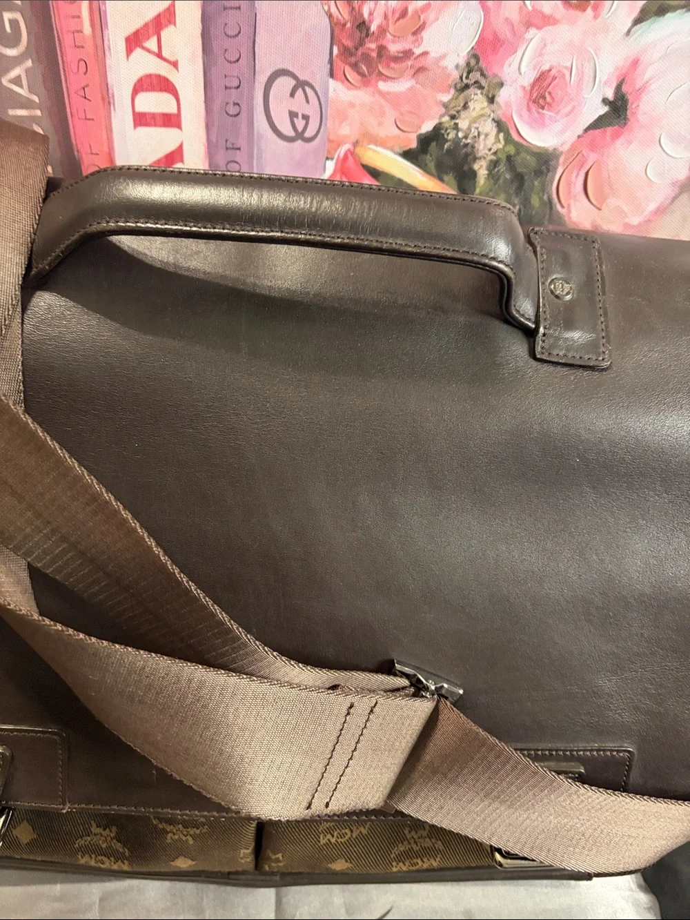MCM Brown Leather Messenger Bag with Monogram Front Pockets